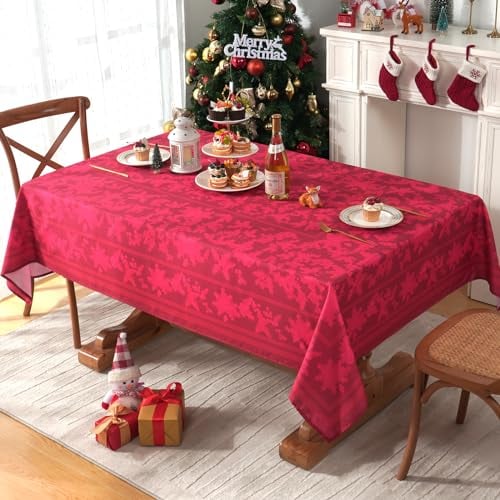 Yrendenge Weihnachten Rot Tischdecke Poinsettia Waschbare Tischdecken Rechteckig Stechpalmenblätter Faltenfrei Tischdecke Weihnachtsstern Tischtuch für Urlaub Küche Party, 130x220cm