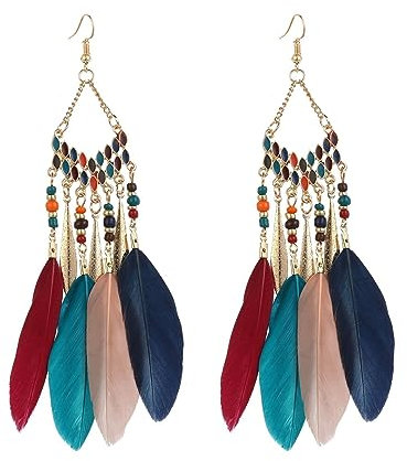 BSLVWG Böhmische Feder Ohrringe für Frauen, Faux Feder Ohrringe Böhmische Fransen Ohrringe Quaste Handmade Long Drop Dangle Earrings Ethnic Long Feather Fringe Earrings für Frauen und Mädchen (Bunt)