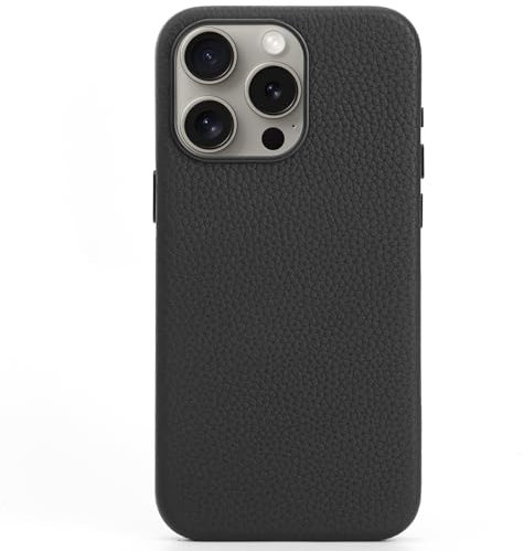 WALLFID Leather Case for iPhone 15 Pro Max with Magsafe,Genuine Leather (Obsidian Black)
