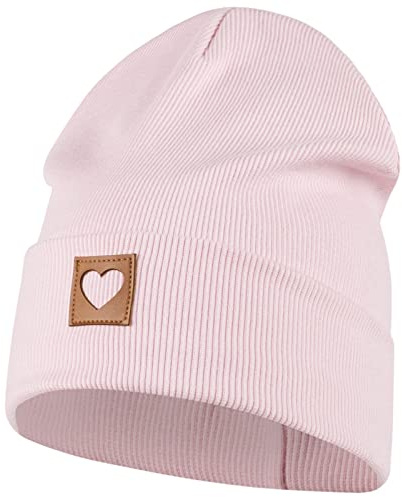 Smarilla Mütze Beanie Mädchen Damen Kinder Übergangsmütze | Gerippt Herzapplikation Herbstmütze Ganzjahresmütze