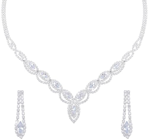 DIVINA VITAE Brautschmuck Hochzeit Schmuck Set Silber Kristall Vintage Halskette und Strass Ohrringe Braut Brautjungfer Abschlussball Kostüm Schmuck Set Mädchen Hochzeits Accessoires