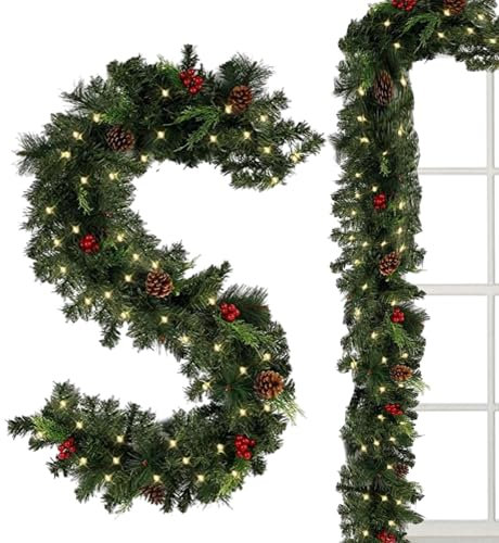 Ghirlanda natalizia con e bacche rosse, ghirlanda natalizia artificiale, decorazione natalizia per camini, porta d'ingresso, scale, casa, interni ed esterni