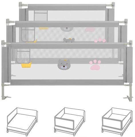Joparri Bettgitter 2X 200cm und 1x 180cm, Bettschutzgitter für Kinder Höhenverstellbar von 70-98cm, Kinderbettgitter, Rausfallschutz Bett Babybettgitter, Grau Bestickt