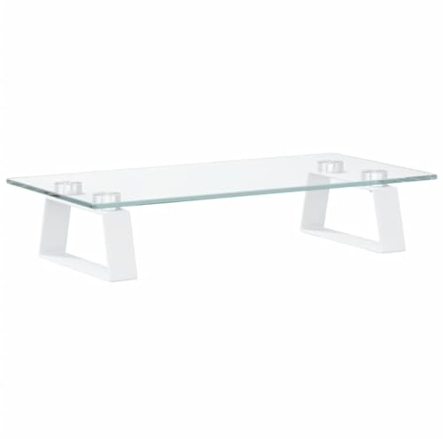 vidaXL Support de Moniteur, Support d'Ordinateur avec Rangement, Réhausseur d’Écran pour Ordinateur Bureau, Blanc Verre Trempé et Métal