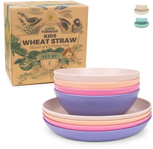 Grow Forward Wheat Straw Kids Plates and Bowls Sets - 8-Piece Unbreakable Dishwasher & Microwave Safe Plastic Plates for Kids - Reusable Non Toxic BPA-Free Dinnerware for Children - Floral