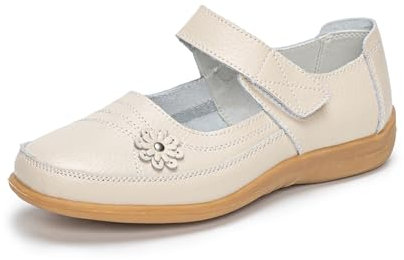 Rusffes Womens Leather Mary Jane Shoes Ladies Wide Fit Flat Shoes Casual Work Office Nurse Shoes Beige 6uk