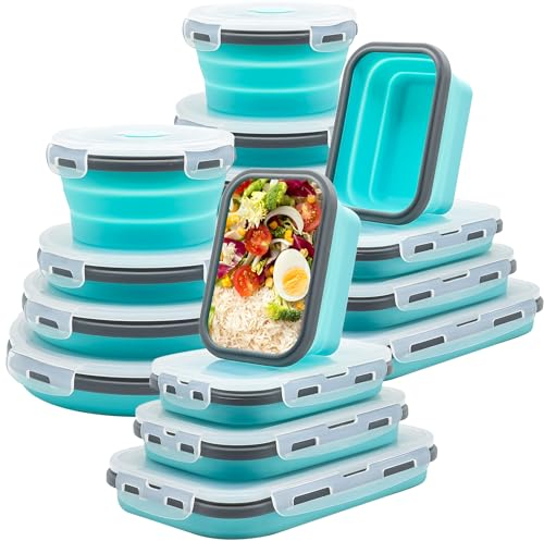 Lunememo 16 Stück Faltbare Frischhalteboxen mit Deckel, Zusammenklappbare Brotdose, Faltbare Schüssel aus Silikon für Snacks, Mahlzeiten, Reste, Unterwegs und Zuhause, Blau