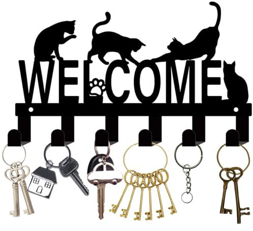 CREATCABIN Porte-Clés Mural Forme Chat avec Crochets Clés Bienvenue,Support Mural Métal Noir Organisateur Clés,Panneau Bienvenue Suspendre,Décoration Muraavec 10 Crochet pour Porte D'Entrée,27x16cm