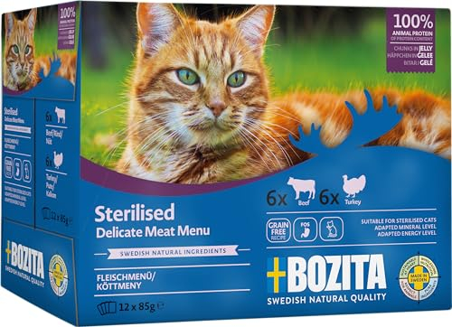 Bozita Sterilised Nassfutter Häppchen in Gelee mit Fleisch - 12x85g Portionsbeutel getreidefreies & weizenfreies Futter für Katzen - Katzen Nassfutter mit 8,5% Protein & 3,5% Fettgehalt