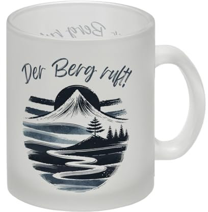 Berg und Wald Wanderer Glas Tasse mit Spruch Der Berg ruft Aquarell-Design Wanderlust Inspirierend Natur Berge Wandern Entspannende Wanderung Tasse