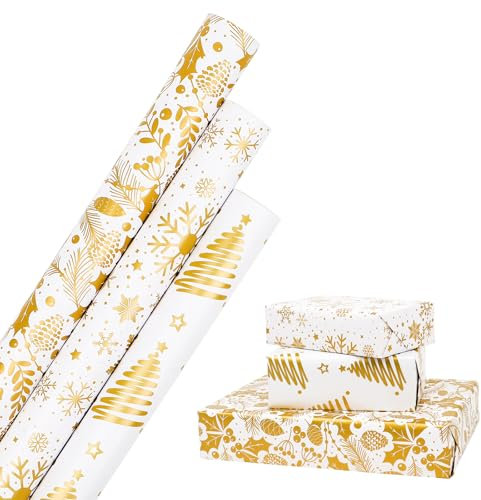 HBell Weihnachts-Geschenkpapier-Rollen, 44 cm x 5 m, Schneeflocken-Design, Metallisch für Weihnachten, Party, Festliche Dekorationen (Weißgold)