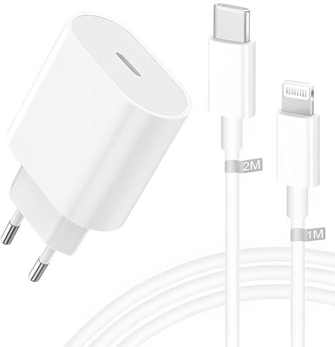 Caricatore USB C Rapido [Certificato MFi] per iPhone 15/15 Pro/15 Pro Max/15 Plus/14/13/12/11/SE/XS/XR, 20W Presa USB C Adattatore Alimentatorecon con Cavo USB C Lightning [1M+2M]