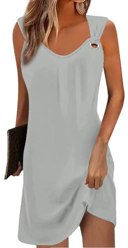 Yeenily Robe Femme Col en V sans Manches Décontractée Plage Robes Chic et Elegant Été Couleur Unie Mini Longue Tunique Robe (Gris, XXL)