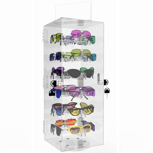 Cityjoy Abschließbare drehbare Sonnenbrillen-Vitrine, Brillenhalter, Ständer, Sonnenbrillenschrank, Organizer, Brillenständer, Brillenetui mit Spiegel, 24 Rahmen