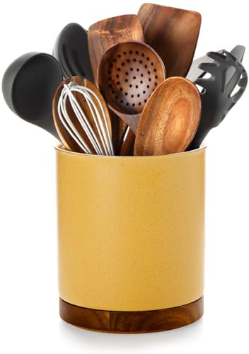 Nucookery 360°Rotating Utensil Holder, 7.2 Kitchen Utensil Crock, Ceramic Cooking Utensil Organizer with Countertop-Protection Cork Bottom for Farmhouse Kitchen Decor Christmas (Yellow Sand)