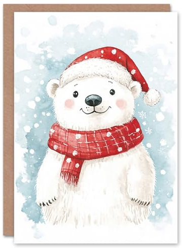 Artery8 Cute Polar Bear With Santa Hat and Scarf For Child Kids Xmas Festive Christmas Card