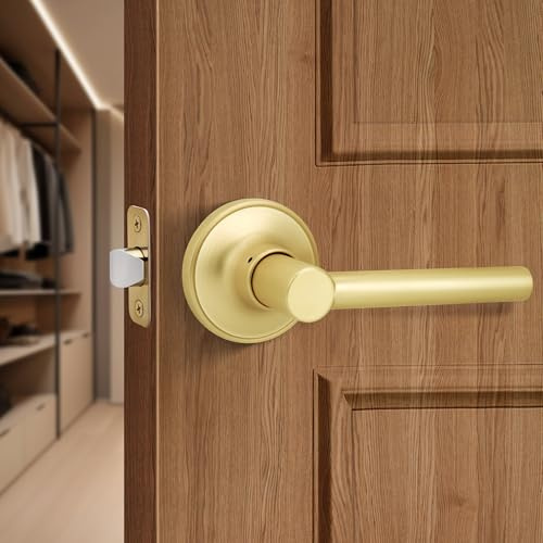 Gaurqiah Brushed Gold Passage Door Handle, Round Design Non-Locking Door Lever, Reversible Door Lever for Hallway Closet, Satin Brass
