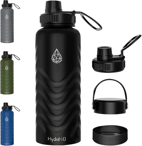 HYDRO H2O Bouteille d'eau isotherme de 710 ml avec paille (couvercle à bec verseur et bouchon à vis), botte en silicone et poignée flexible, large goulot en acier inoxydable, tasse à eau de sport,