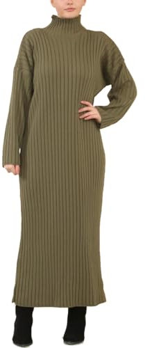 FASHIONISM Womens Ribbed Turtle Neck Knitted Maxi Dress Ladies Funnel High Neck Winter Wear Long Jumper Casual Warm Pullover Dress Khaki