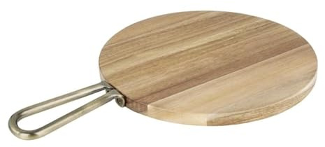 Olympia Round Paddle Board Acacia Wood with Metal Handle, 458x305x20mm | Robust food presentation surface features integrated hanging loop for space-saving storage in professional kitchens.