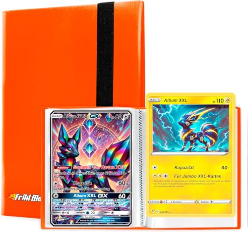 XXL Jumbo Sammelalbum für Tradingkarten - Fassungsvermögen 60 echte GX Promokarten, VMAX, V oder EX, 30 Seiten für Jumbokarten, Album mit Hüllen Größe 21x14,5 cm (Orange)