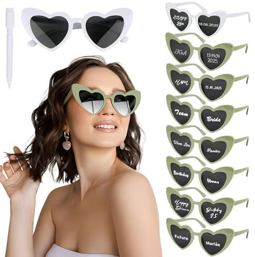BOOMTOP 8 Herz Sonnenbrille Personalisiert Herz Brillen Hochzeit JGA Brille Damen Hippie Brillen Lustige Partybrille Weiß Rosa Schwarz Grün mit Stift Junggesellenschied Deko für Karneval Mottoparty