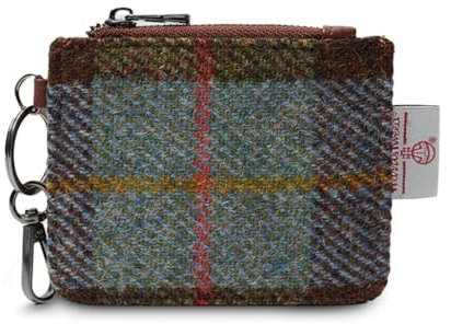 Islander The Card Zip Wallet Microfiber Leather and Harris Tweed, Kastanienbraun und blaues Schottenkaro, Classic