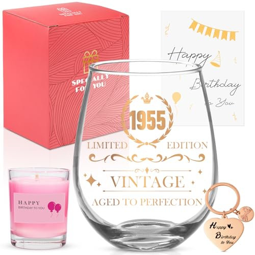 Personalised 70th Birthday Gift for Women - 1955 Limited Edition Wine Glass Set with Engraving, Gift Box, Scented Candle & Keyring | Perfect 70th Birthday Present for Best Friends (70-1955)