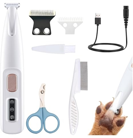Tondeuse électrique 3 en 1 rechargeable et étanche avec lumière LED + lame de rechange pour couper les poils de chien autour des pattes, des yeux, des oreilles, du visage, des croupies, des pieds