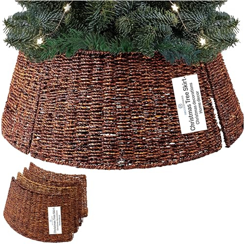 DECO EXPRESS Christmas Tree Skirt, Woven Tree Base Cover, Natural Collar for Christmas Decorations, Festive Decor for Xmas Party, 51cm x 25cm (Brown, Top 51cm/Base 66cm)