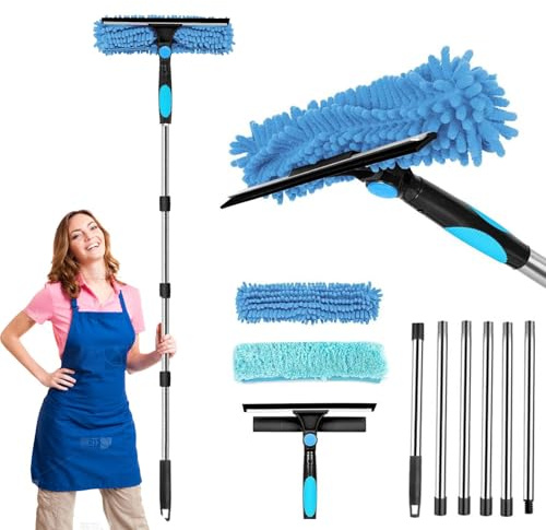 Disnace 2 in 1 Window Cleaning Kit, 250cm Extendable Window Cleaner Tool with Spare Microfiber Cloth Squeegee Strips, Blue
