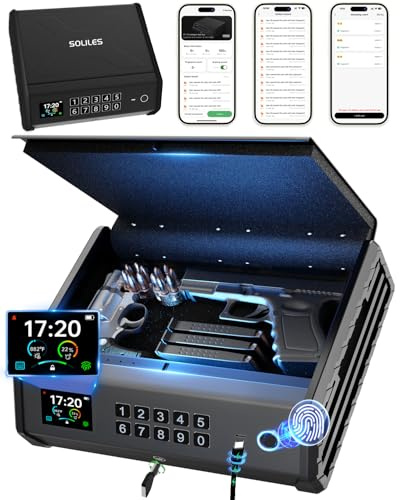 Smart Gun Safe, 4 Wege Biometrische Pistole Wiederaufladbar Safe mit Fingerabdruck/Tastatur/Schlüssel/APP-Schloss, APP-Steuerung, LCD-Display, Notstromversorgung, Kurzwaffenschloss für Zuhause