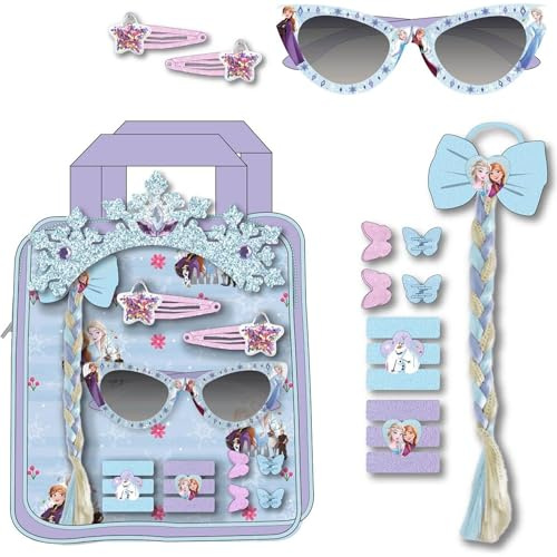 Beauty-Set mit Brille, Frozen | Kinderzubehör-Set mit Krone, Sonnenbrille, Zopf und Pinzette | Haar-Accessoires mit Elsa und Anna Disney Design