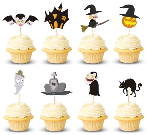 Arthsdite 24Pcs Halloween Cupcake Toppers Witch Bat Pumpkin Ghost Cat Cupcake Picks RIP Castle Little Boo Baby Shower Birthday Halloween Themed Party Cake Decorations Supplies