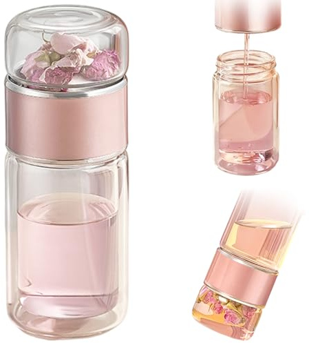 CAKEEYUM Tea Infuser Bottle 9oz Double-Wall Glass Tea Tumbler with Stainless Steel Infuser for Loose Leaf Home Office Travel