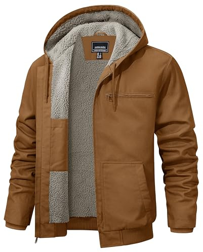 TACVASEN Men's Winter Hooded Work Jacket Sherpa Fleece Lined Jacket Heavy Duty Coat Workwear Waterproof Thick Duck Hoodie Brown Yellow