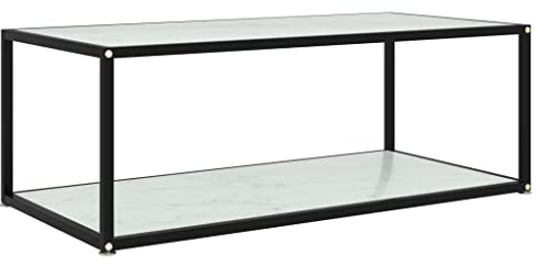 Mandloder Table basse blanche 100 x 50 x 35 cm, verre trempé, design à 2 niveaux, table de salon moderne avec espace de rangement, table d'appoint rectangulaire pour salon
