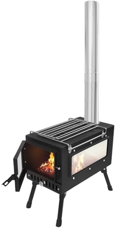 Horno de tienda portátil para camping, 40 x 53 x 34,5 cm, para tienda de campaña, estufa de jardín, estufa de leña con 5 tubos de chimenea, cocina de madera de acero inoxidable para tiendas de campaña
