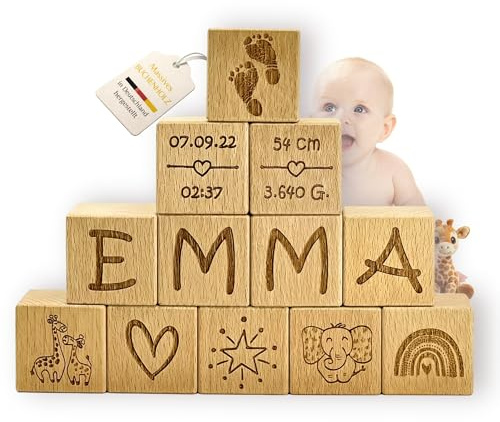 Holzwürfel zur Geburt aus Buche, personalisiert mit Gravur | Massive Buche 4,5 cm, Lasergravur mit Namen, Geburtsdaten und Motiv – ab 6 Würfeln frei zusammenstellbar