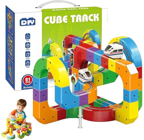 Magnetic Train Track Set - Flexible 3D Race Car Tracks with Mix-and-Match Cubes, DIY Building Kits for Kids, Educational Toys, 51 Pieces