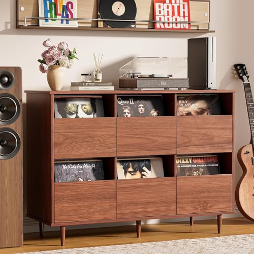 BROTTAR Großer Plattenspieler-Ständer 120 cm, Schallplattenaufbewahrung für 17/25/30 cm Platten, Mid-Century Medienschrank mit Schubladen, Schallplattenhalter für Wohnzimmer & Musikecke, Braun