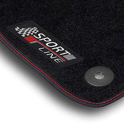 Bär-AfC Auto Fußmatten Sport Line passend für Seat Leon 5F + Cupra 2012-2020, Autoteppiche Nadelvlies Schwarz, Bandeinfassung mit Roter Ziernaht, Stick Rot & Grau, Set 4-teilig, SE08492n