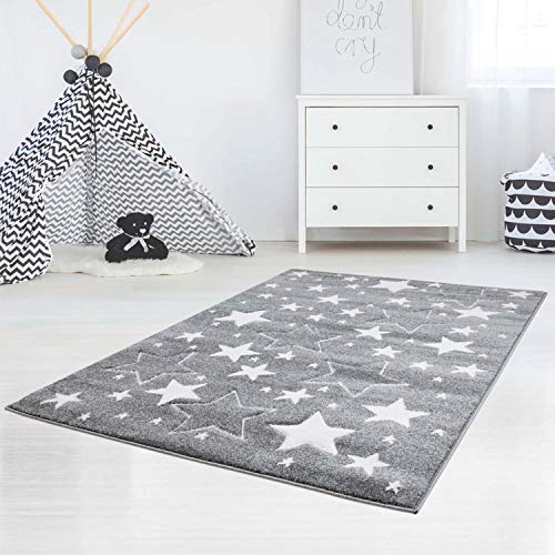 carpet city Kinderteppiche Sterne Motiv Grau 140x200 cm Glanzgarn Spielteppich
