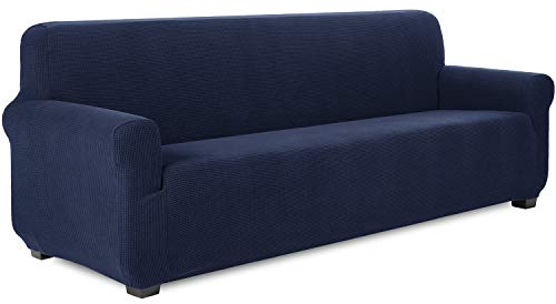TIANSHU Sofabezug 4 sitzer, Stretch Spandex Couchbezug Sesselbezug Elastischer Antirutsch Stretchhusse Weich Stoff,Jacquard-Stretch-Sofabezug, Schonbezug für Sofa-Sofahalter(Dunkelblau)