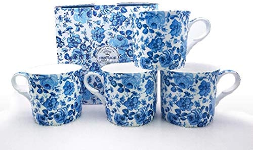 FINE Bone China Set of 4 Mugs Gift Boxed Chatsworth Blue Mugs Free UK DELIVERY