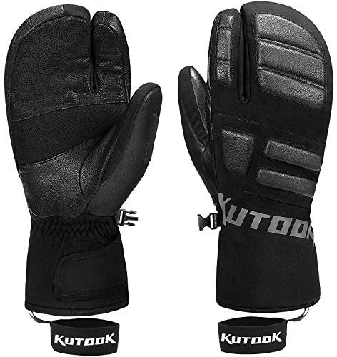 KUTOOK Skihandschuhe Herren Damen Fäustlinge Winterhandschuhe Fingerhandschuhe Thermo Ziegenleder 3M Thinsulate Wasserdicht Winddicht für Ski Snowboard Wintersport Schwarz&Grau, L (SF9503T)