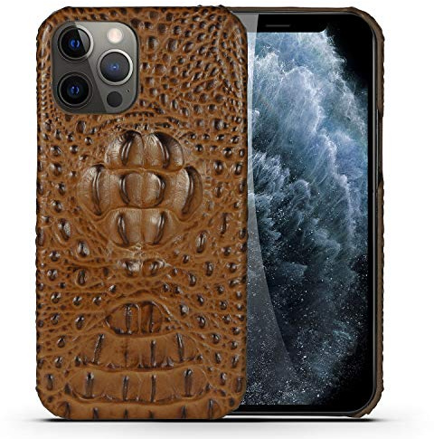 nincyee Genuine Leather Basic Case for iPhone 12 Pro and iPhone 12,Luxurious Crocodile Head Relief Premium Real Leather Handmade Case Half Wrapped Brown