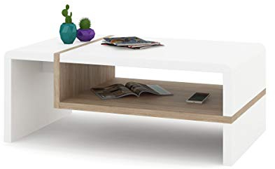 All4All Couchtisch Figo - Kleiner Kaffeetisch - Wohnzimmertisch – Sofatisch mit Brett - kompakte Größe - Sofatisch - 100x60cm - 05 - Weiß + Sonoma Eiche