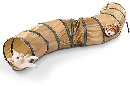 SunGrow Collapsible Tunnel for Cat, 47.2 x 9.8 Lightweight Polyester with Steel Frame Tube, Includes Carrying Case, Cat Accessories and Supplies, Brown and Black