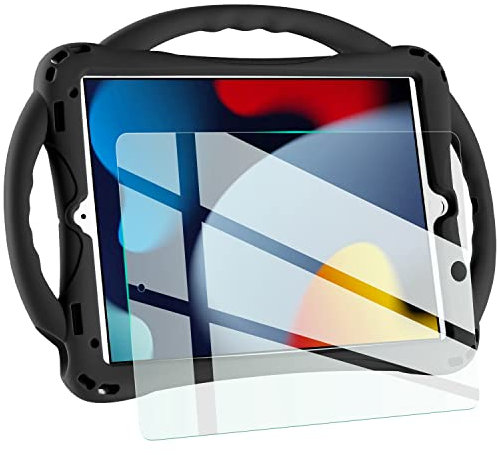 TopEsct Custodia per bambini per iPad 10.2 - Cover in silicone antiurto con pellicola protettiva in vetro temperato e cinturino, compatibile con iPad di 9a/8a/7a generazione (2021) (nero)